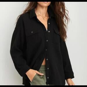 aerie Black Button-Down Waffle Knit Shirt